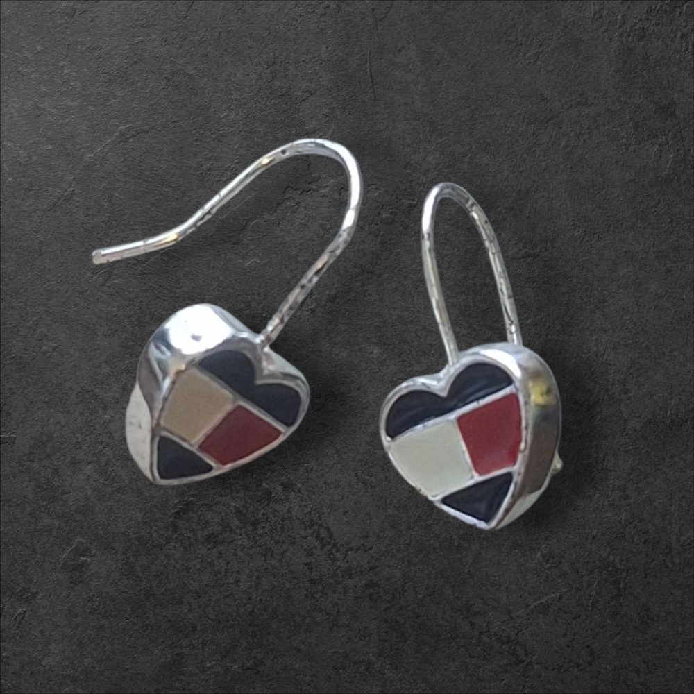 Vintage Heart Mosaic Enamel Earrings Red, Black, Cream French Hoop Slight Dangle - Picture 2 of 5